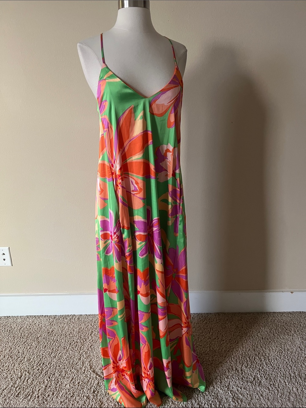 Tahari Green Floral Maxi Dress with Orange and Pink Accents